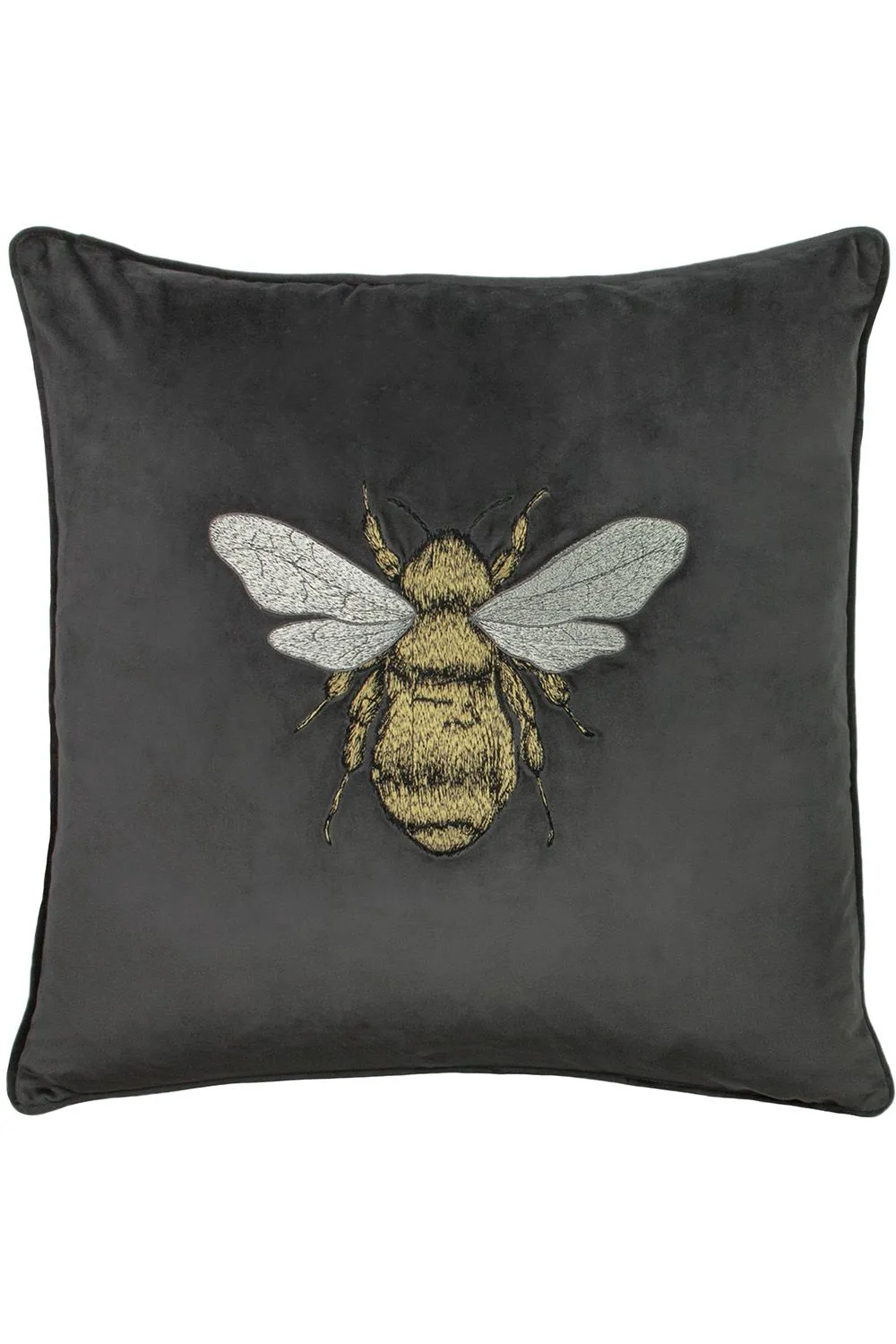 Paoletti Hortus Embroidered Bee Soft Velvet Pipe Trimmed Cushion in Charcoal 1