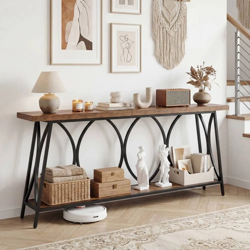 Costway Narrow Sofa Table Behind Couch with Heavy-Duty Metal Frame in Brown 6