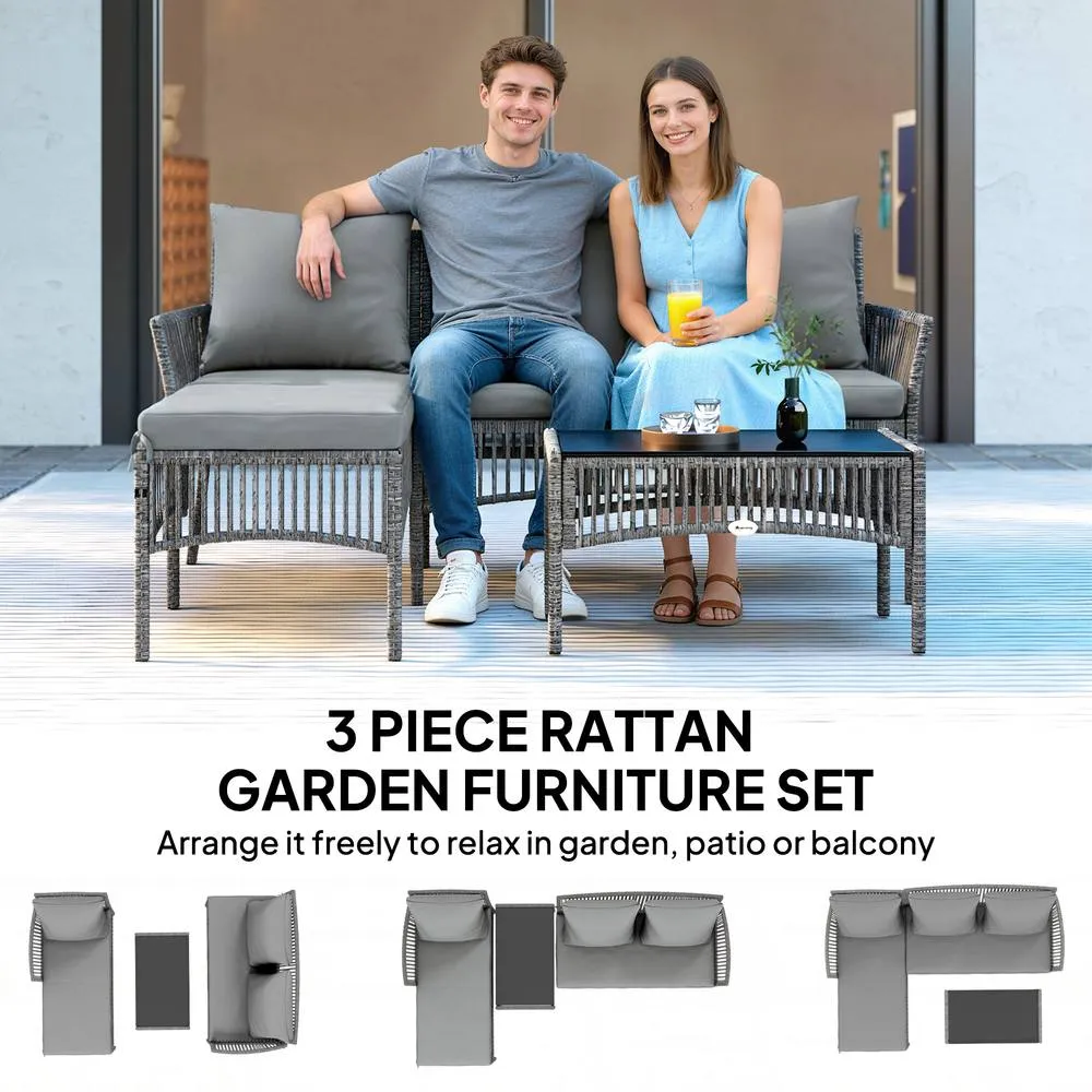 OUTSUNNY 3 Piece Rattan Garden Furniture Set with Cushions, Dark Grey 4