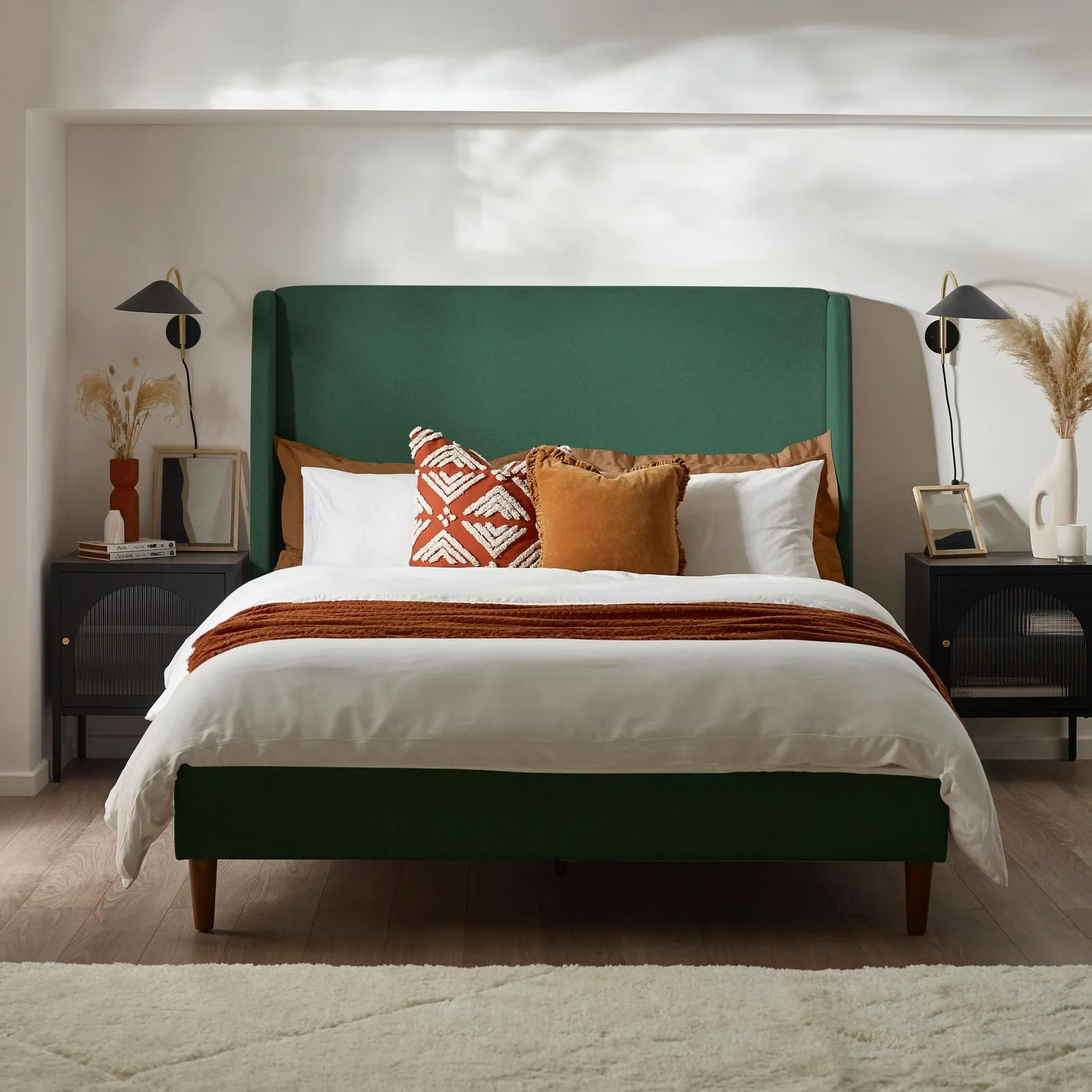 FurnitureboxUK Hana Tall Solid Wood King Or Double Bed Frame In Fabric in Green 2