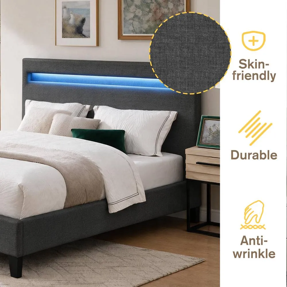 Comfy Living Ltd Modern Hopsack Fabric Upholstered Bedframe With LED Strip in Dark Grey 5