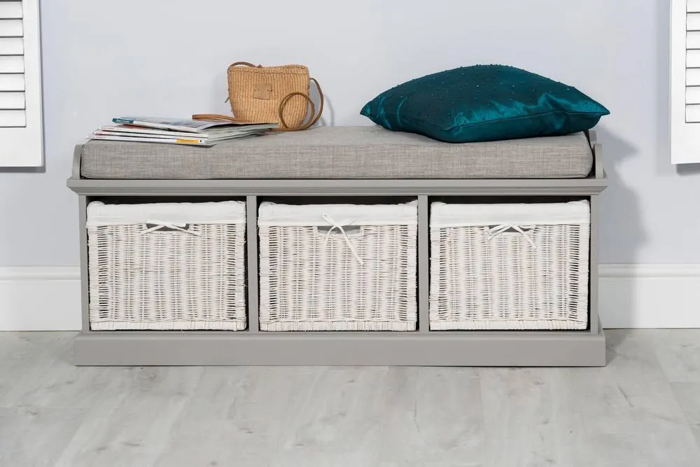 Statement Furniture Tetbury Bench with 3 White Wicker Baskets & Grey Cushion in Light Grey 3