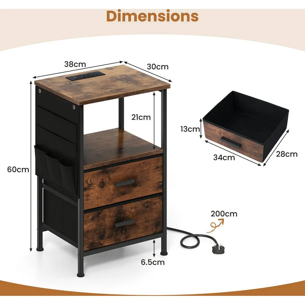 Costway 2 Pcs Bedroom Nightstand End Table with Charging Station-Brown in Brown 2