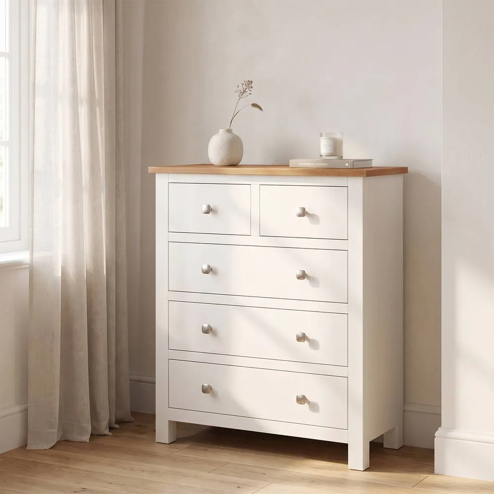 Seconique Cambridge 3+2 Drawer Chest - Linen/Oak (Fully assembled) in White