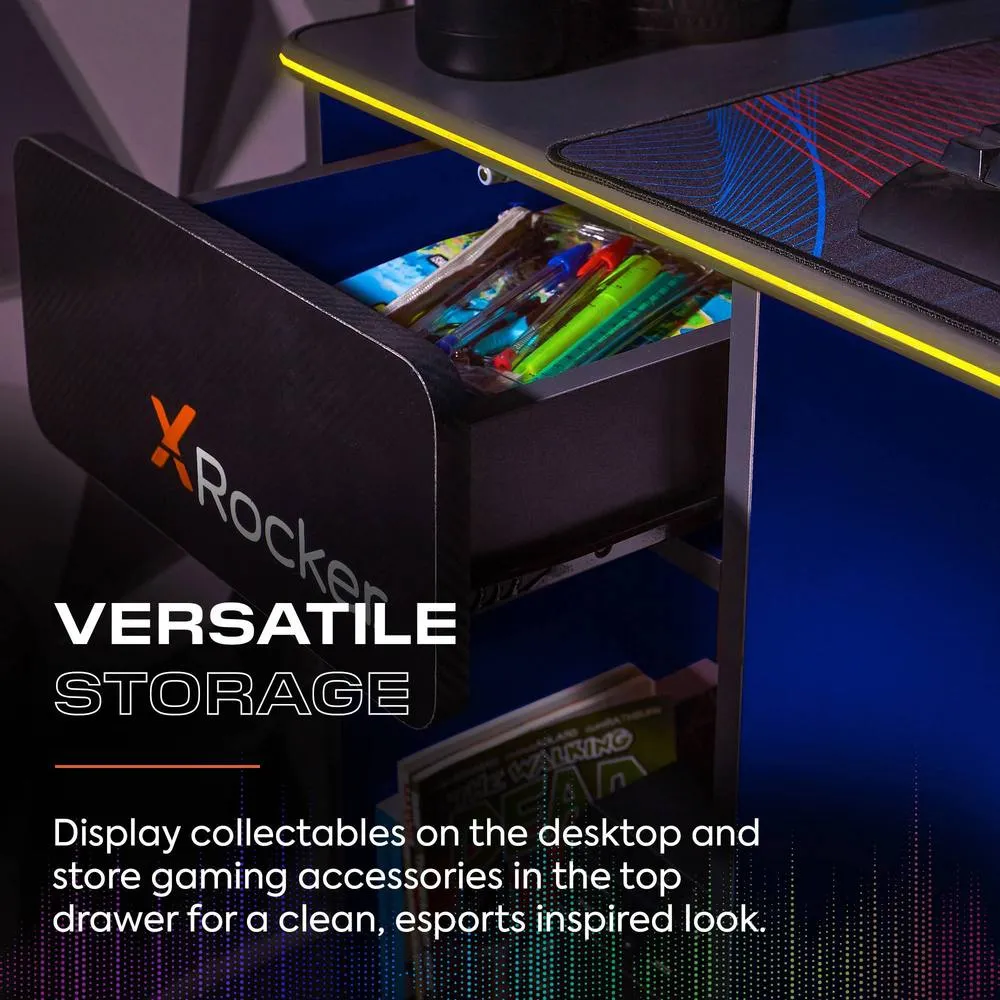 X Rocker Carbon-Tek 120cm LED Gaming Desk with Drawer & Charging in Blue 5