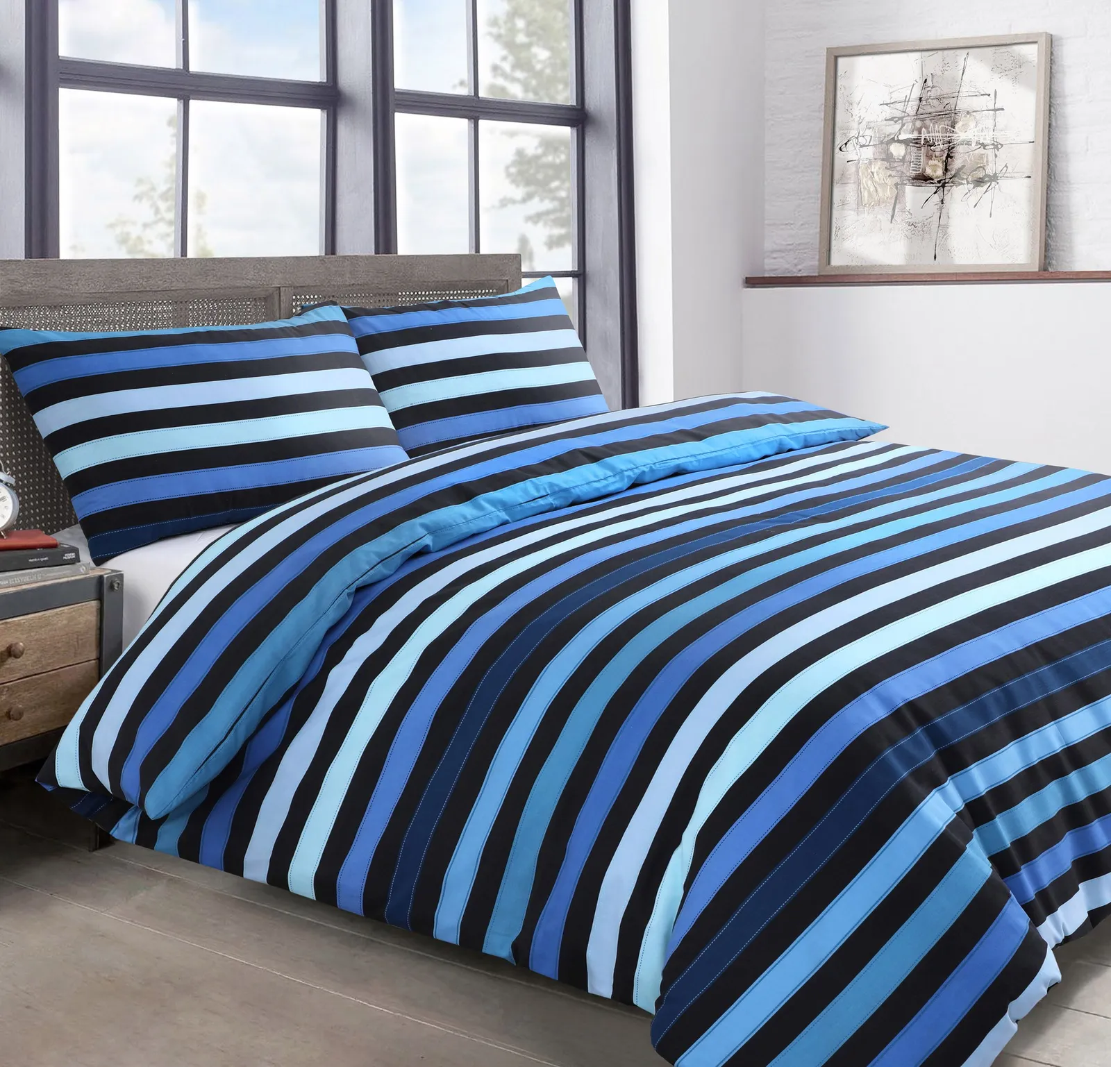 Velosso Kenzy Twin Pack Duvet Cover & Pillowcase Set - Printed Cotton Rich in Blue