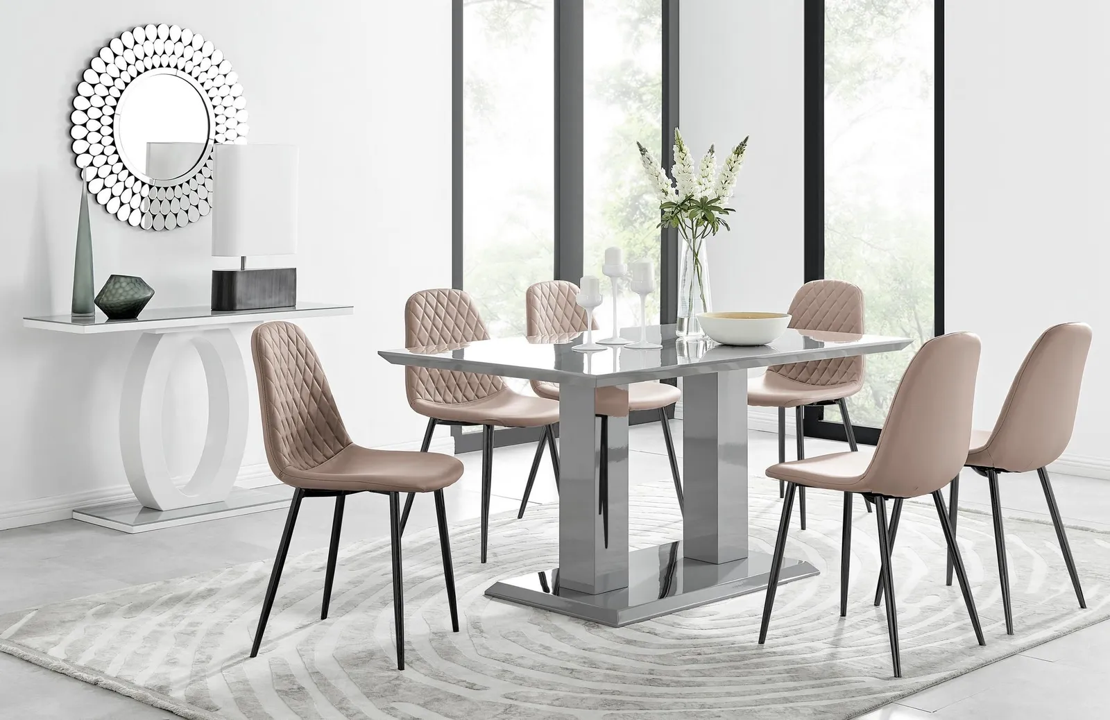 FurnitureboxUK Imperia 6 Grey Dining Table & 6 Corona Black Leg Chairs in Beige 1