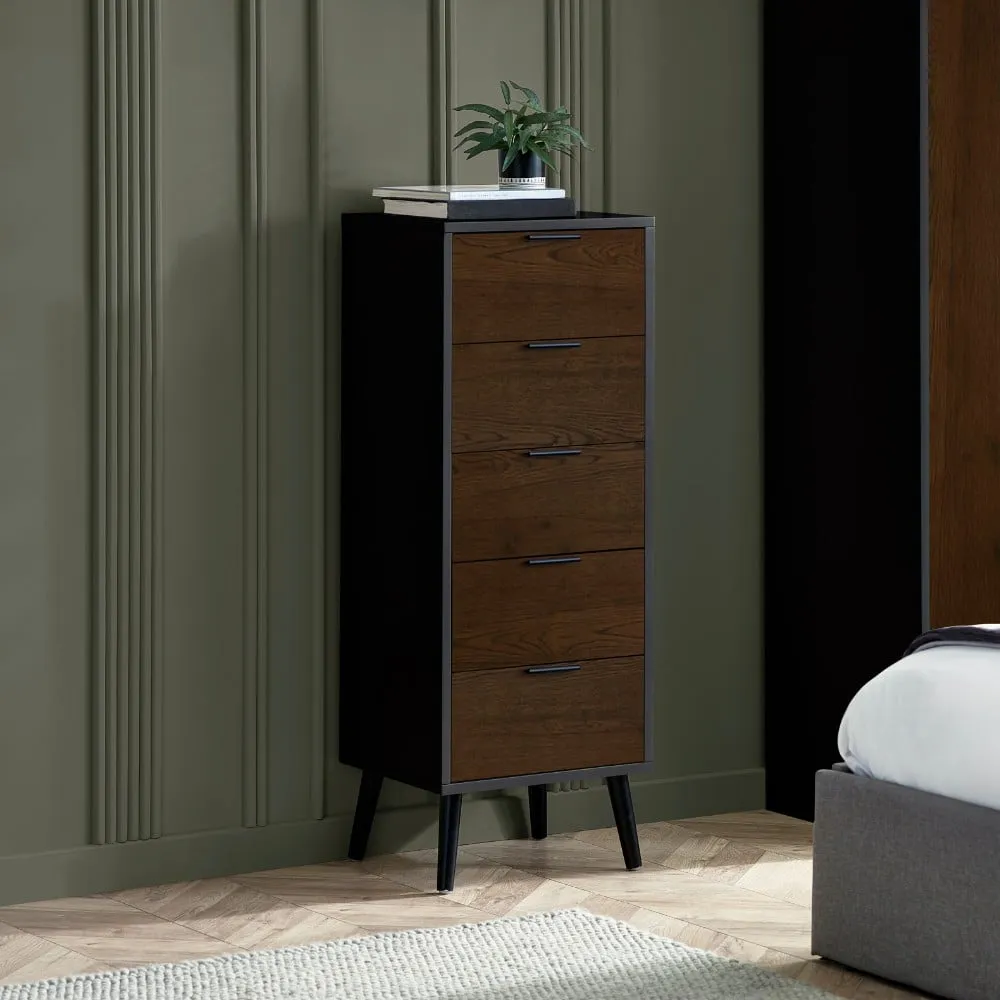 Alba – 5-Drawer Narrow Chest of Drawers – Walnut and Black – Lacquered MDF - Happy Beds