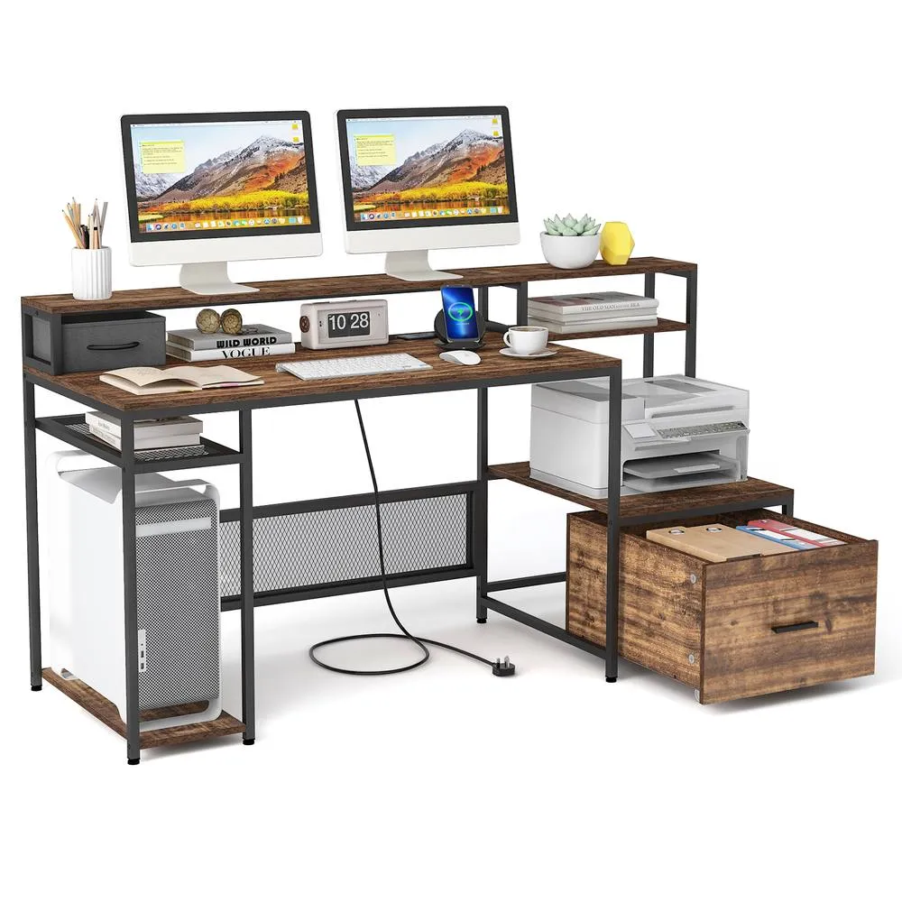 Costway 170CM Computer Desk w/Monitor Stand & File Drawer Writing Desk in Brown 2