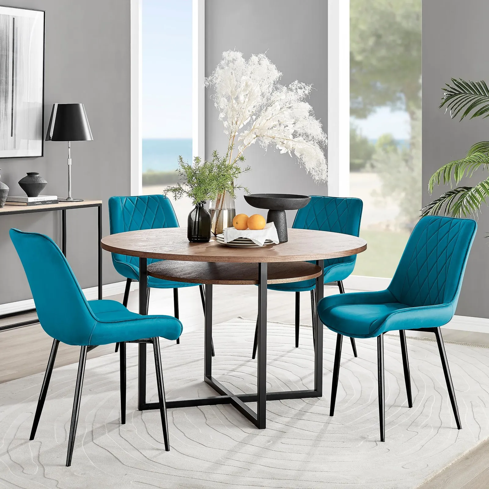 FurnitureboxUK Adley Brown Wood Storage Dining Table & 4 Pesaro Black Leg Chairs in Blue 1
