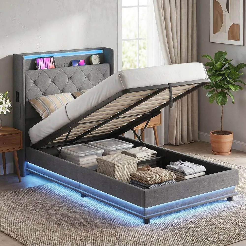 HOMCOM Lift up Storage Bed Frame with RGB LED Lights, 90 x 190cm, Dark Grey