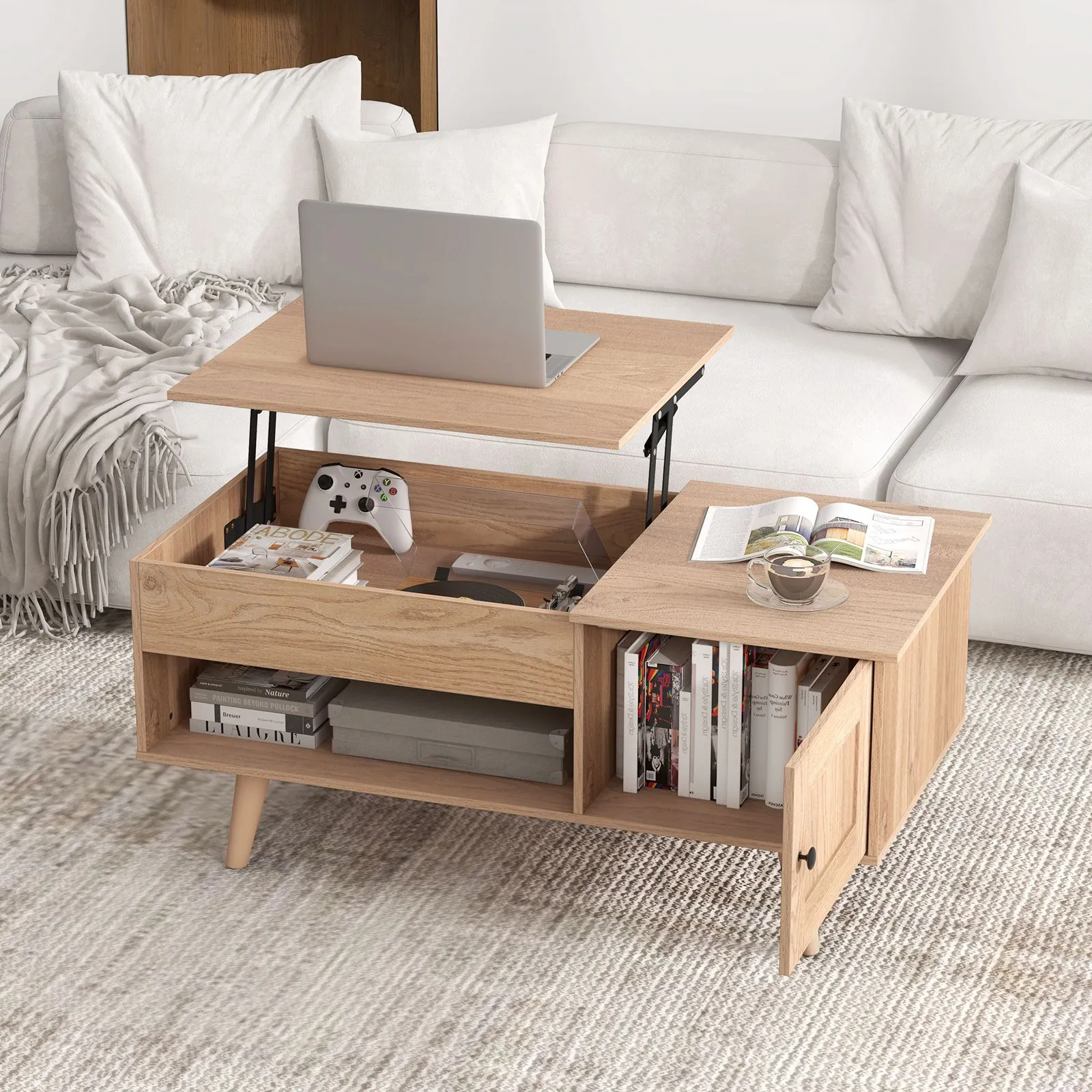 Costway Lift Top Coffee Table Pull up Coffee Table with Storage in Natural 5