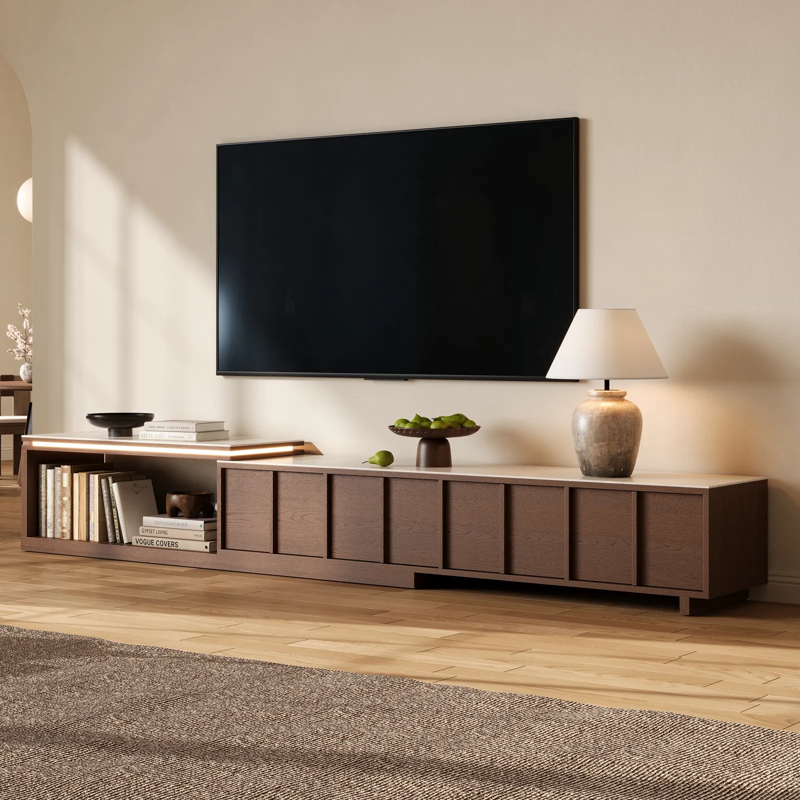 71"-108" Extendable Walnut TV Stand with Sintered Stone Top & Cabinets