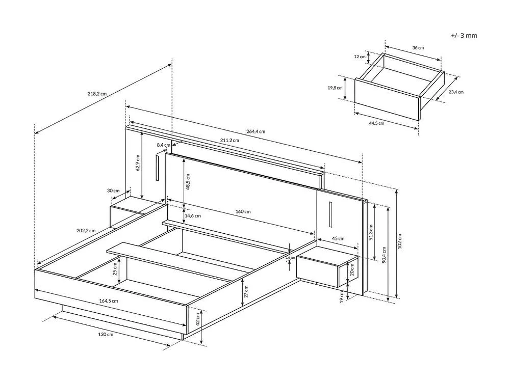 Vente-unique Bed With Bedside Tables 160 X 200 Cm - 2 Drawers - With LED Lighting in Light Oak 6