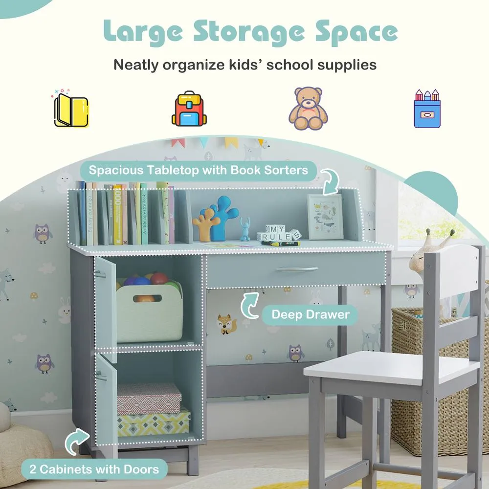 Costway Kid's Study Desk & Chair Set Wooden Activity Table w/ Chair in Grey 5