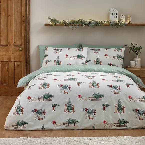 Catherine Lansfield Christmas Dogs 100% Brushed Cotton Duvet Cover & Pillowcase Set 1