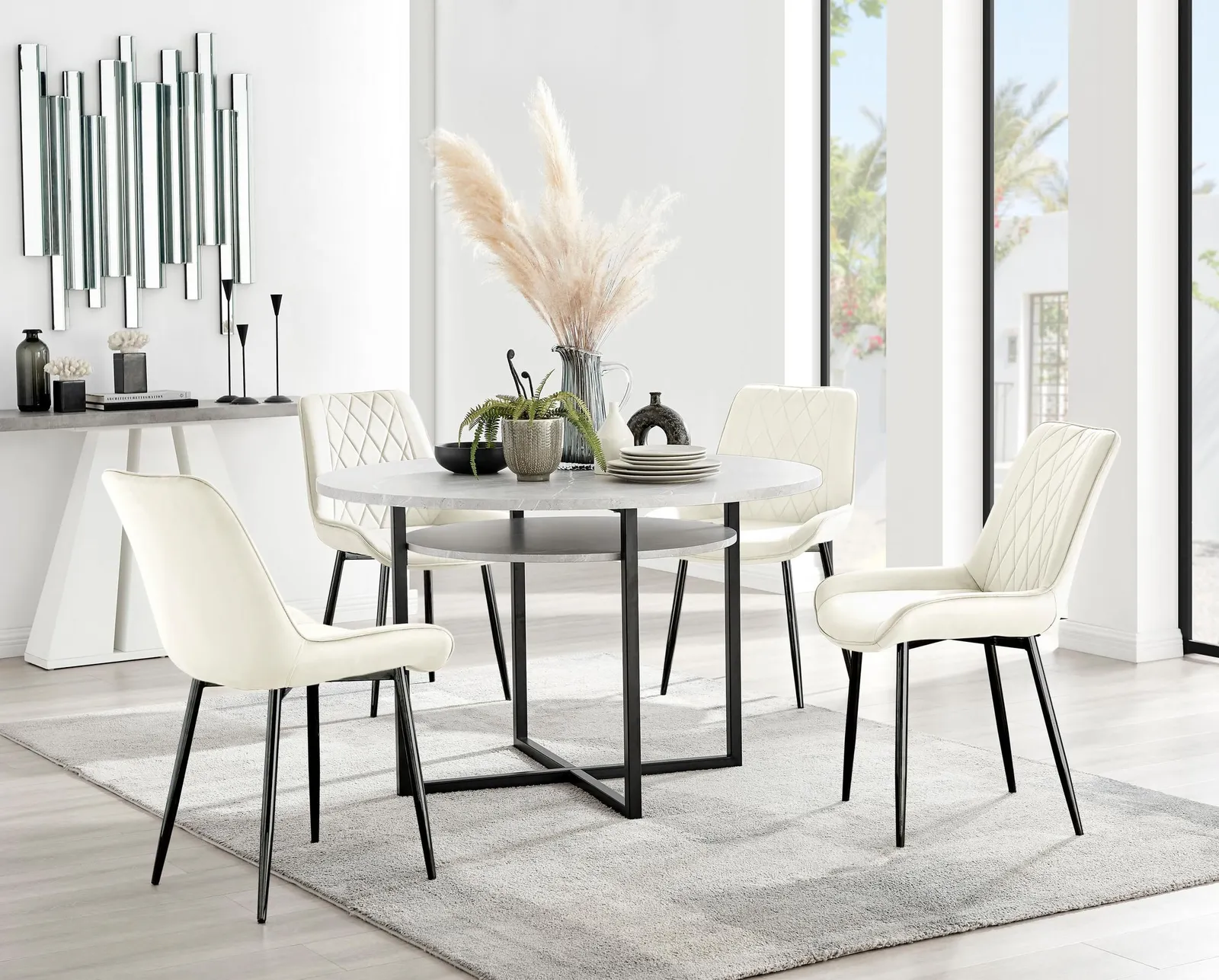 FurnitureboxUK Adley Grey Concrete Effect & Black Round Dining Table with Shelf & 4 Velvet Pesaro Dining Chairs in Cream 1