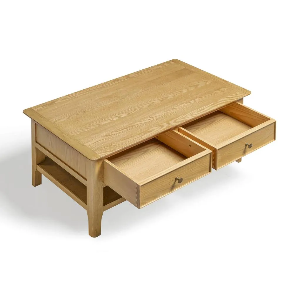 FurnitureboxUK Belle 2 Drawer Rectangular Solid Oak Wood Coffee Table in Light Brown 4