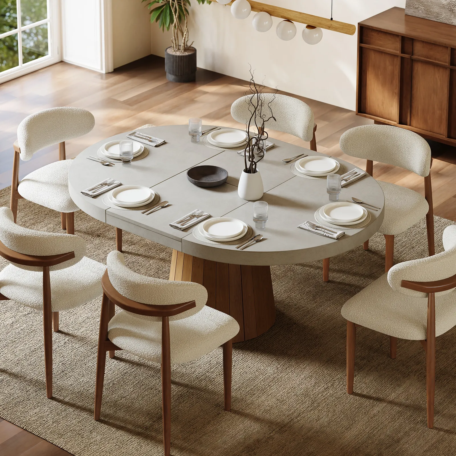 Japandi 100 - 140 cm Extendable Dining Table for 6 Grey Oval&Round Pedestal