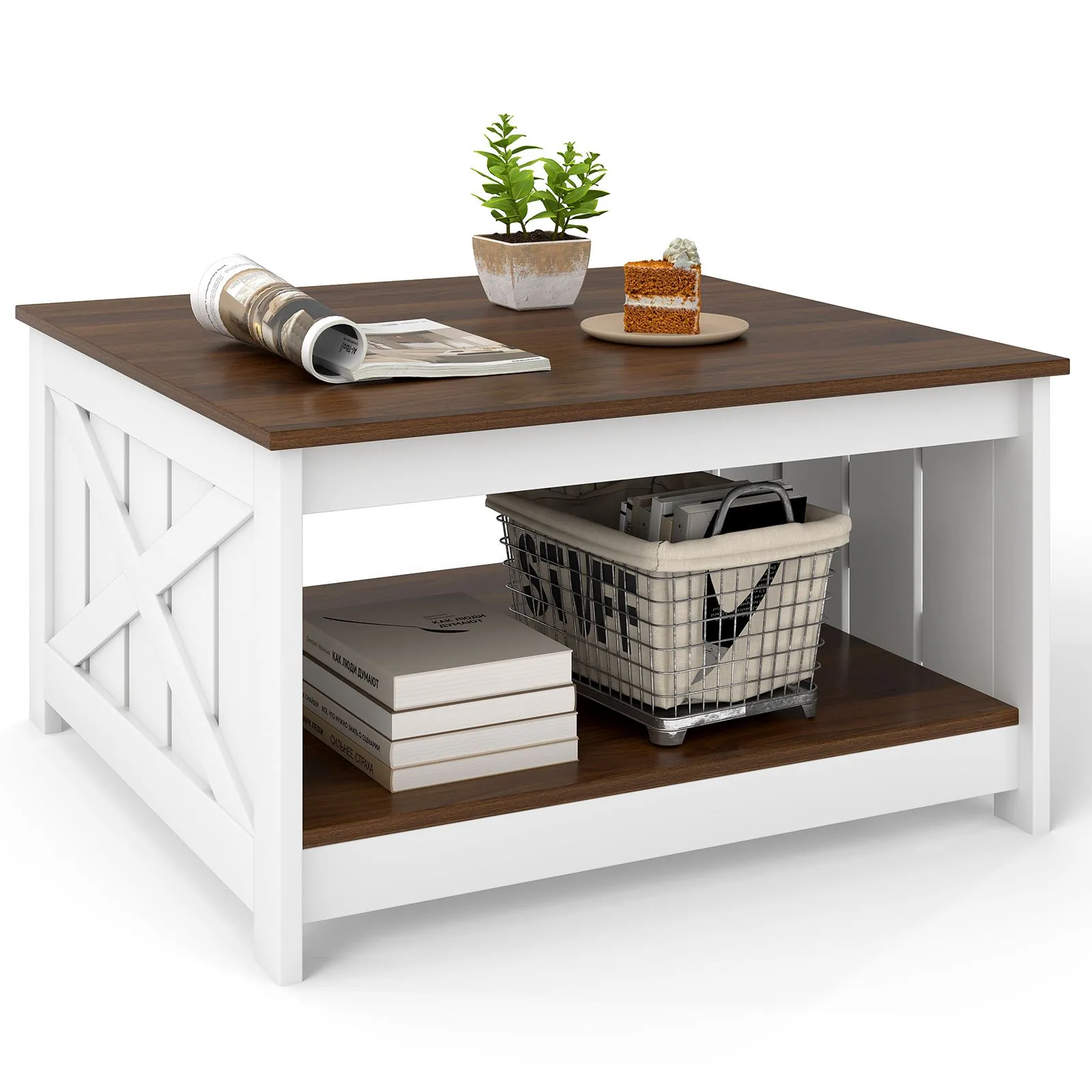 Costway Farmhouse Coffee Table 31" Square Coffee Table w/Storage Shelf