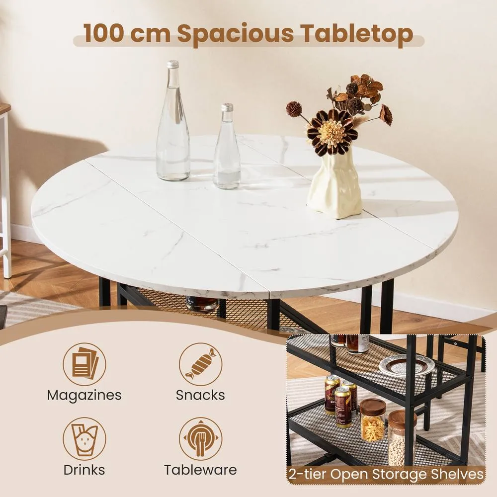 Costway 100cm Round Kitchen Table Dining Table w/Drop Leaf Tabletop-White in White 6