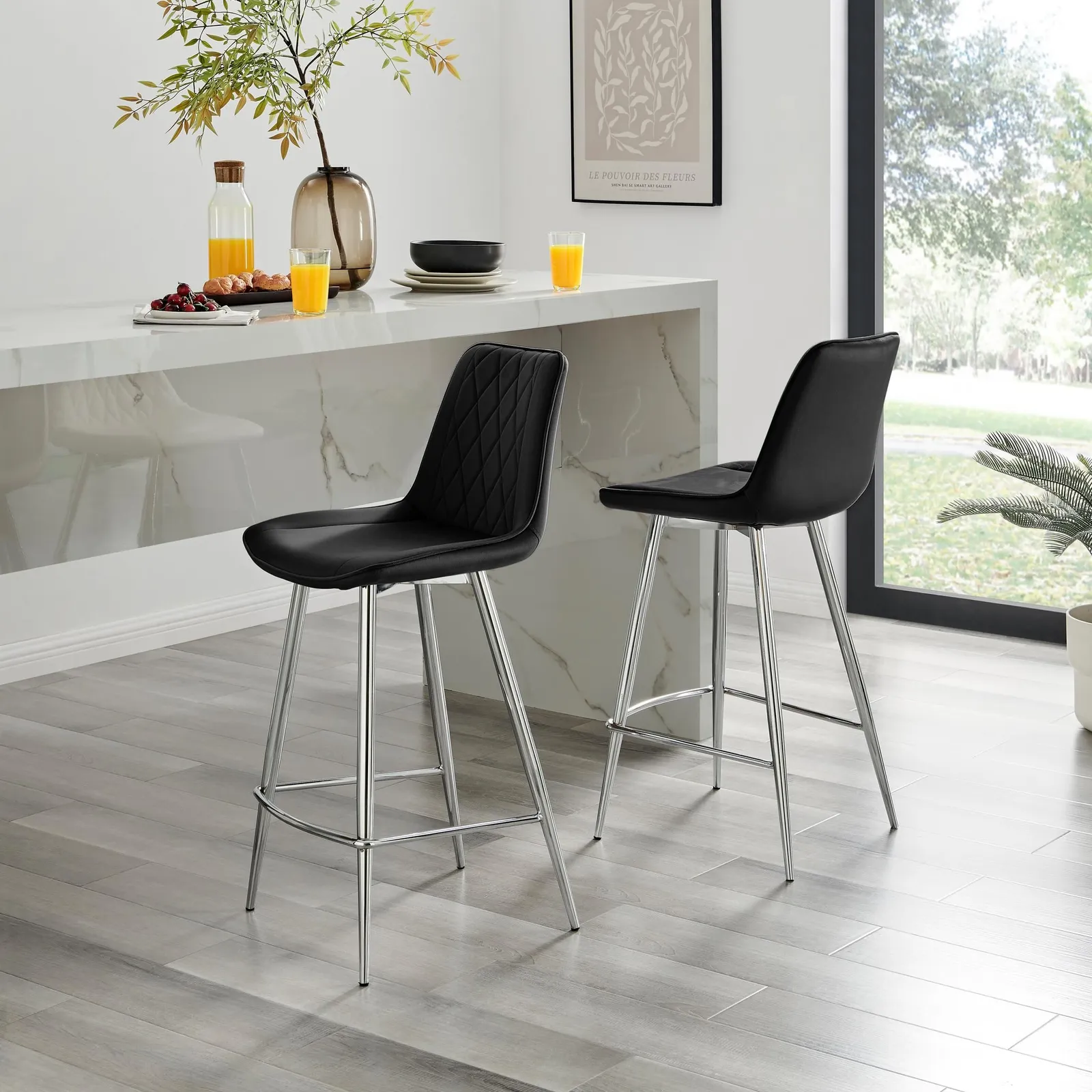 FurnitureboxUK Pesaro Set of 2 Velvet Silver Legs Counter Stools in Black 1