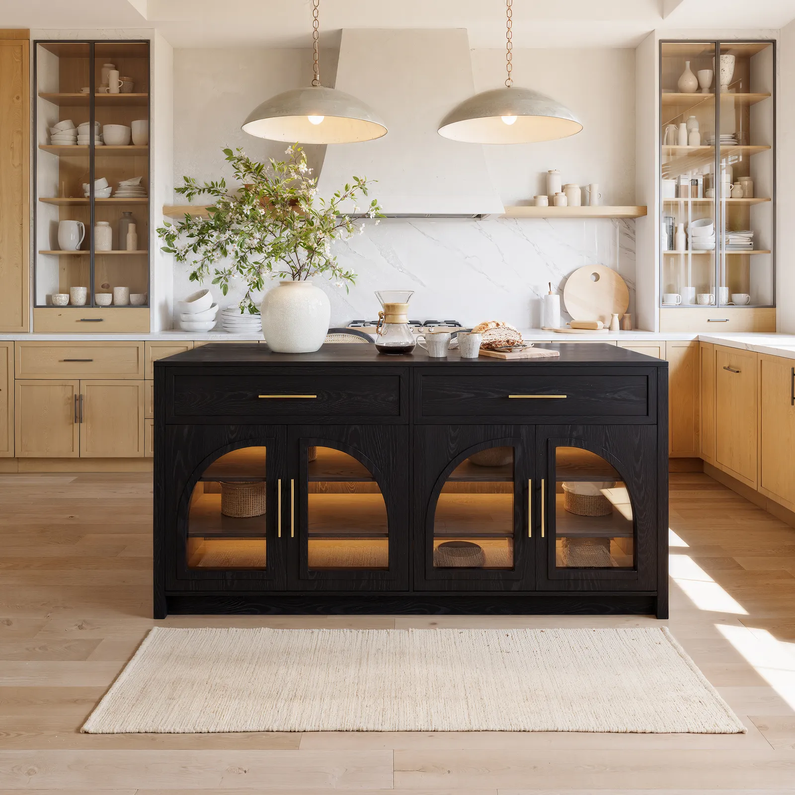Arune 180 cm Modern Black Kitchen Island with Glass Doors, LED Light Strip， Ample Storage