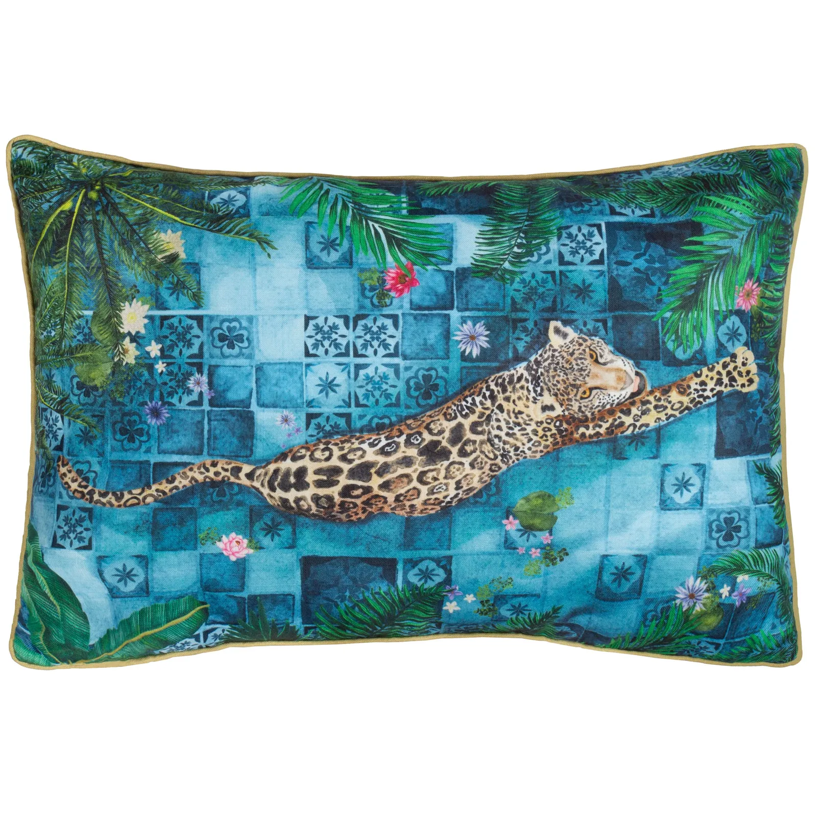 Paoletti Majorelle Leopard Moroccan Piped Outdoor Cushion in Blue 2
