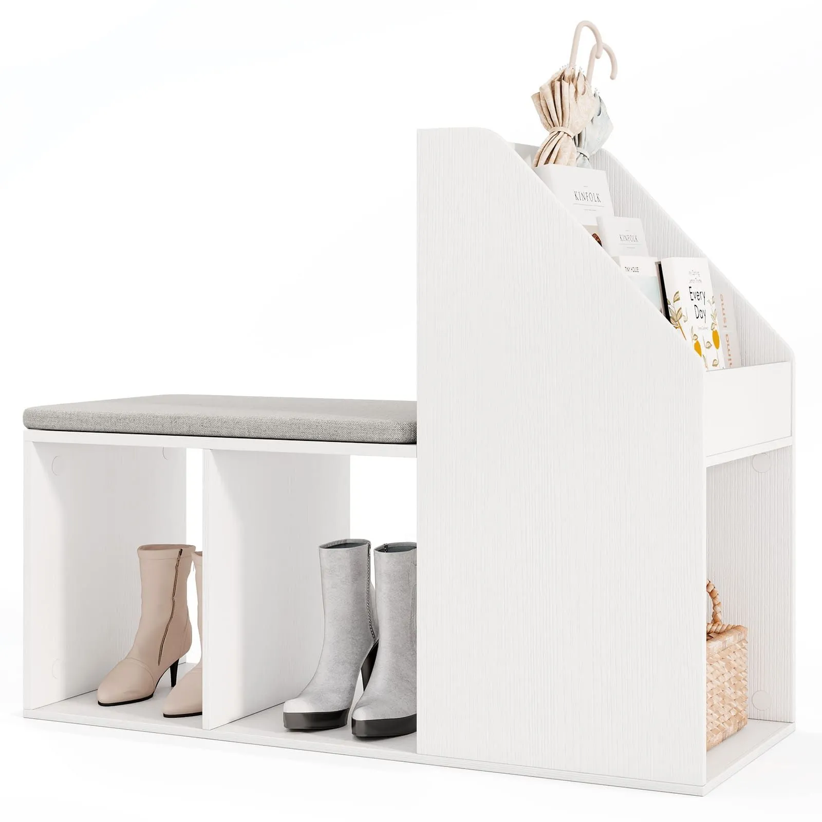 Costway Shoe Storage Bench Entryway Bench 3-Tier Rack w/ Cushion in White