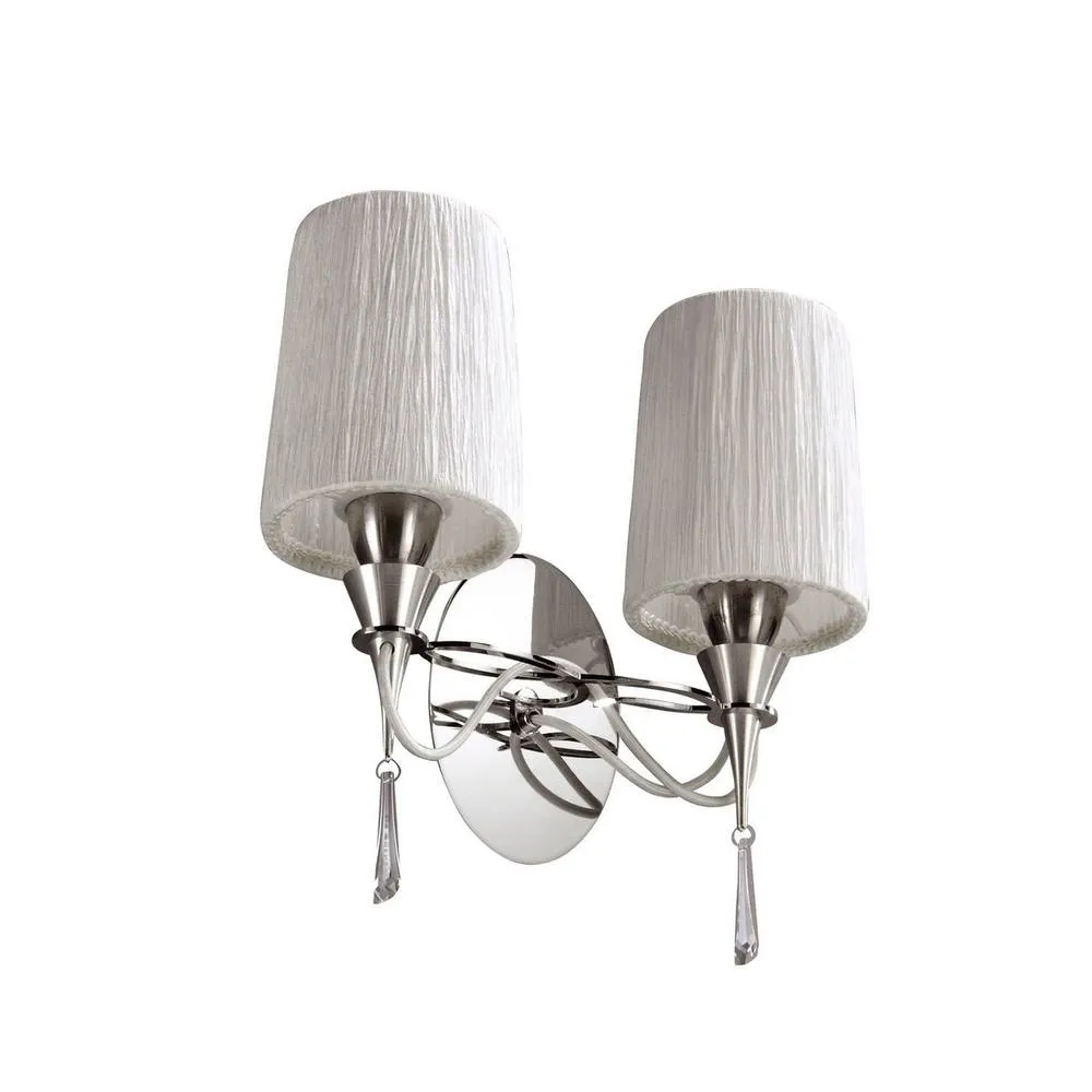 Netlighting Lucca Wall Lamp Switched 2 Light E27 Chrome White Shades & Crystal in Grey