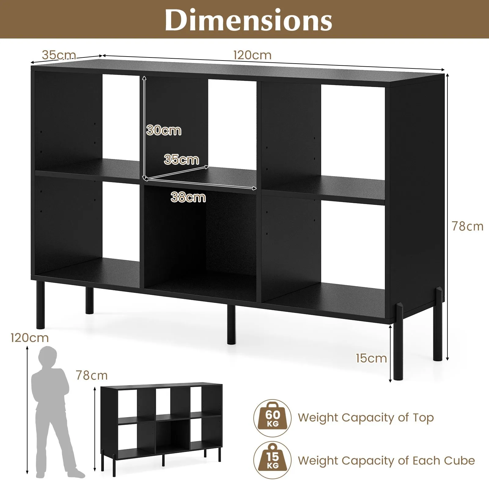 Costway 6-Cube Storage Bookcase Wooden Open Bookshelf in Black 2