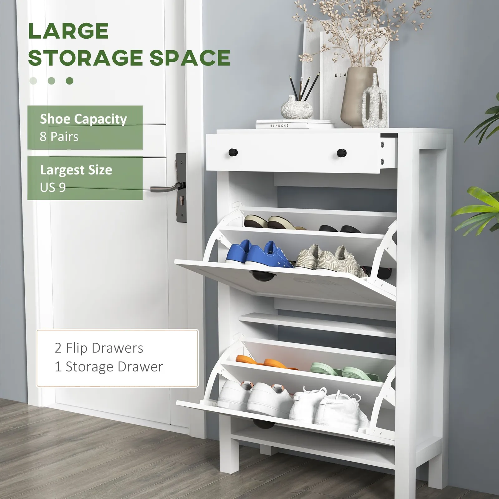 HOMCOM Narrow Shoe Cabinet with 2 Flip Drawers & Top Drawer, White 4