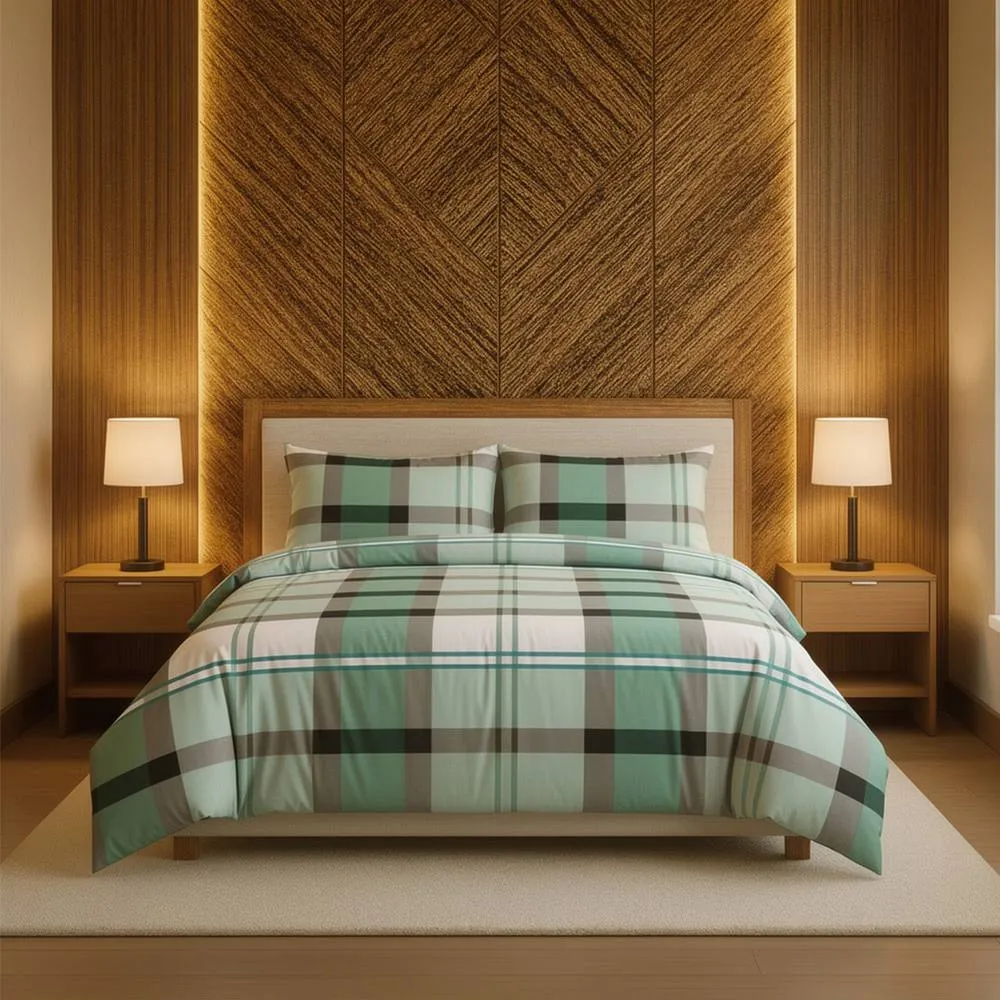 Snug City Duvet Cover & Pillowcase Set Tartan Check Design Polycotton Linen in Green