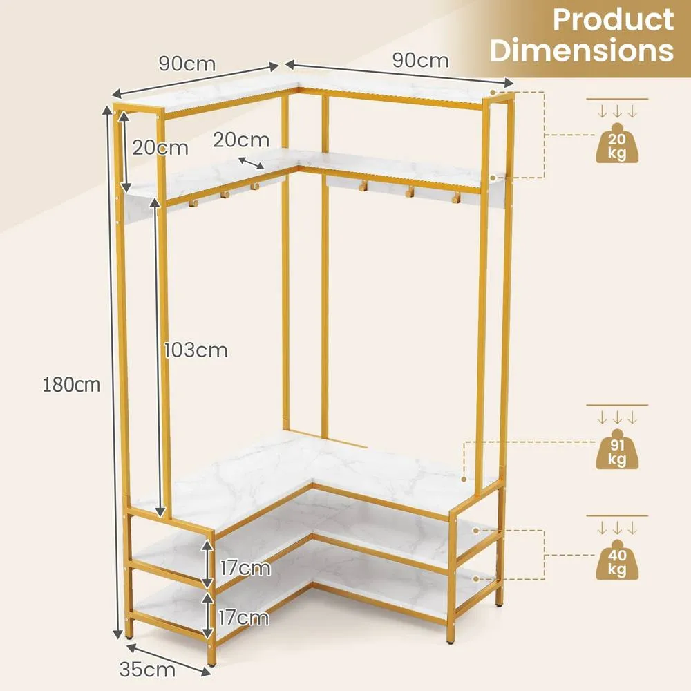 Costway Corner Garment Rack L-shaped Clothes Rack w/ Open Shelves-White in White 6