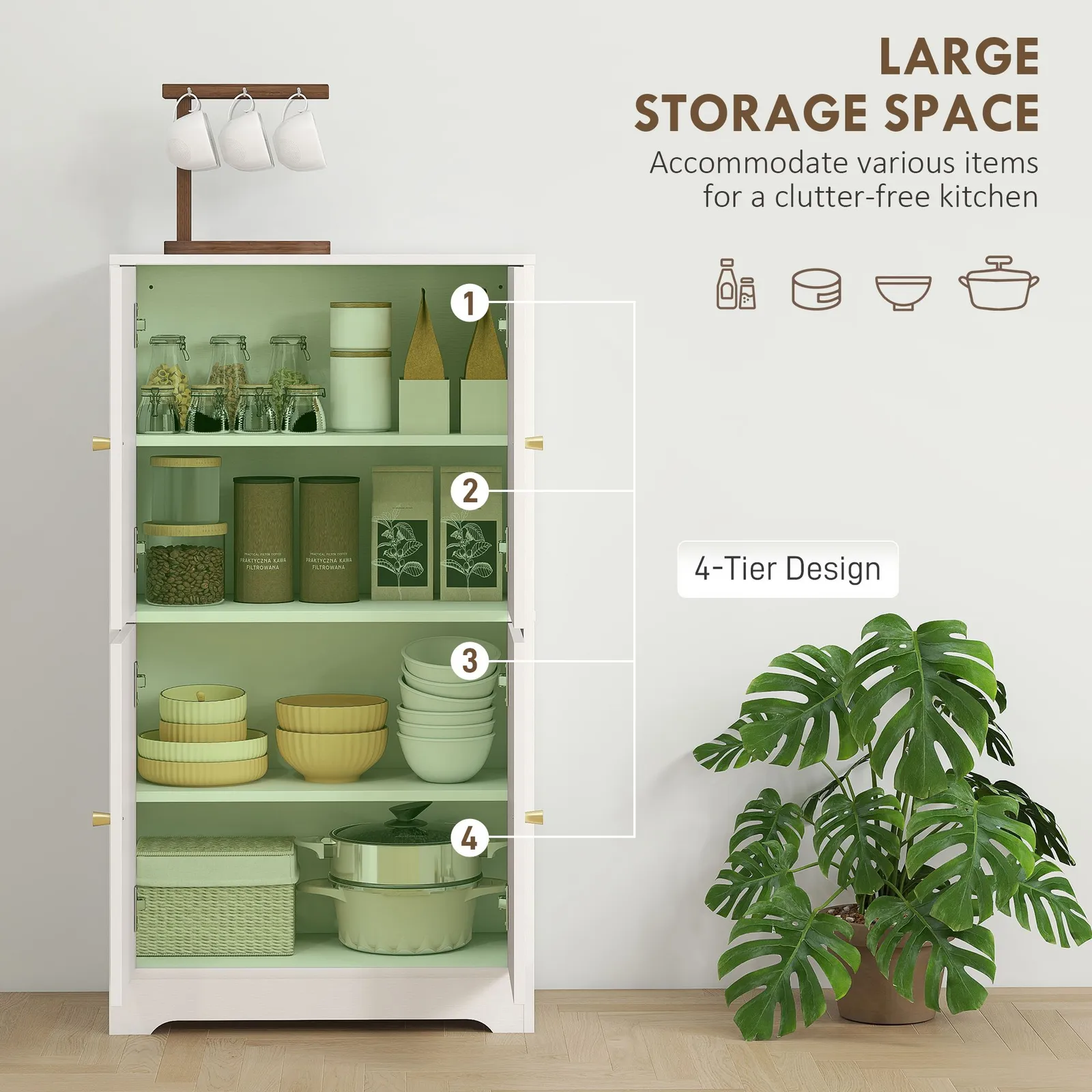 HOMCOM 110cm Kitchen Cupboard with 4 Arched Doors & 2 Adjustable Shelves in White 6