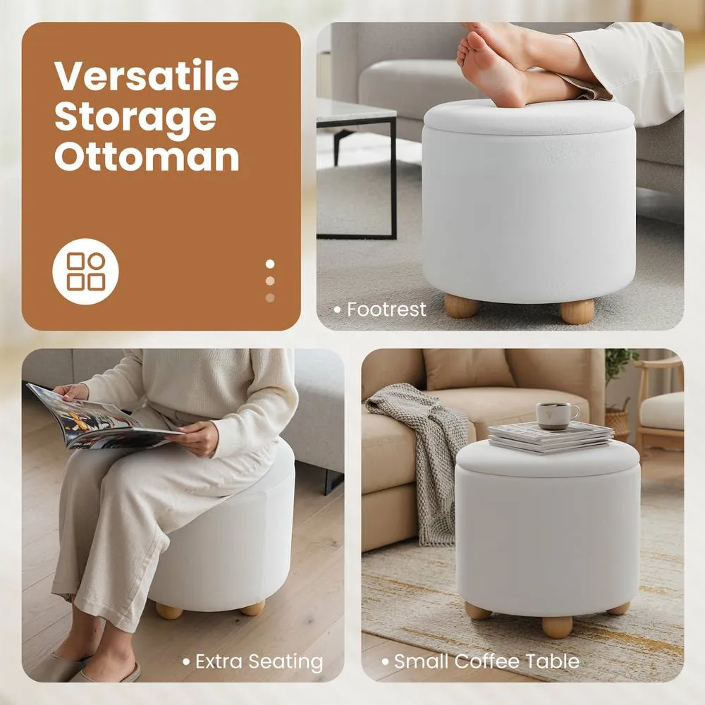 Costway Round Storage Ottoman 45 CM Chenille Fabric Footrest Stool in White 6
