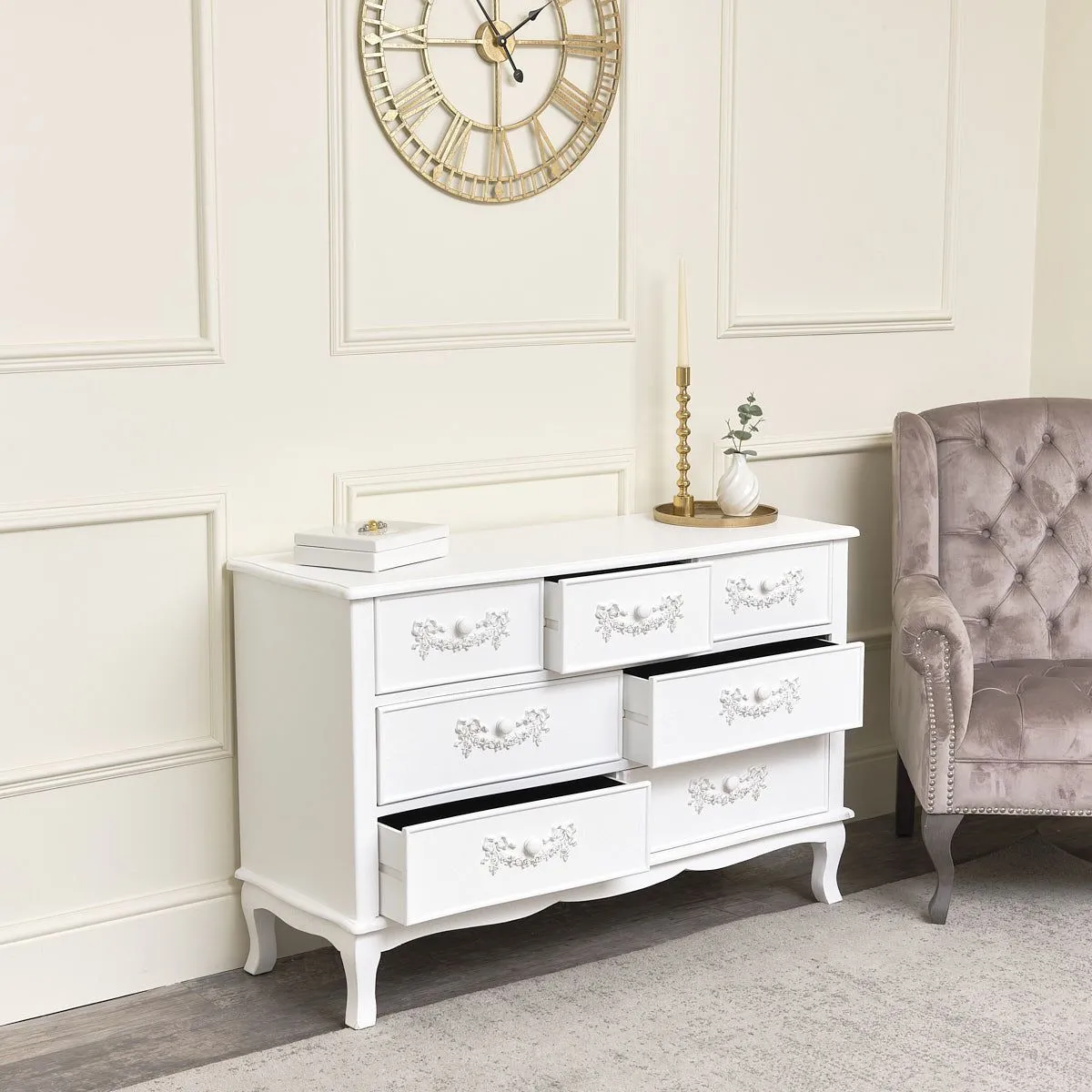 Melody Maison Antique White 7 Drawer Chest Of Drawers - Pays Blanc Range 6