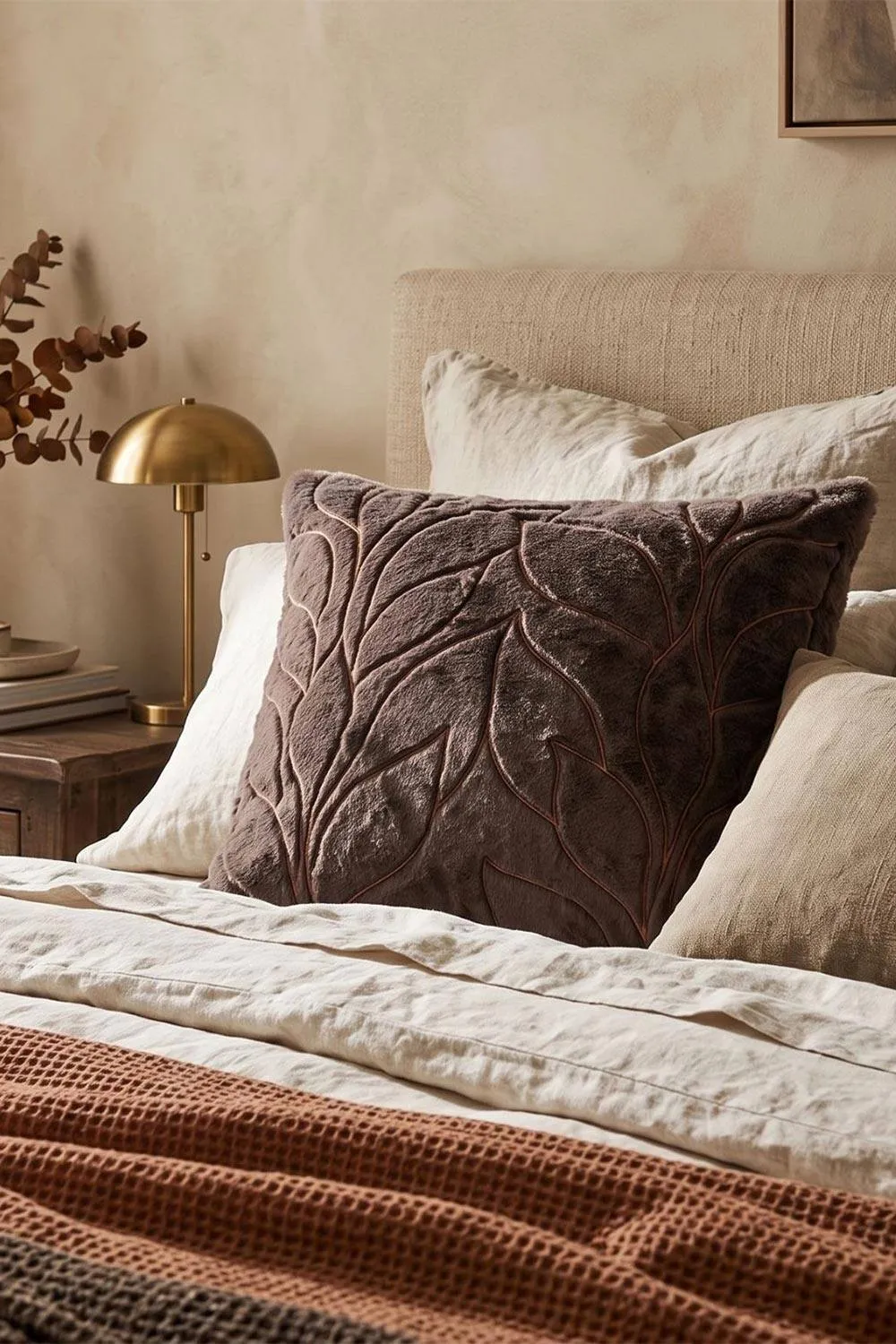 Homescapes Faux Fur Embossed Botanical Leaves Cushion with Cover in Brown 6
