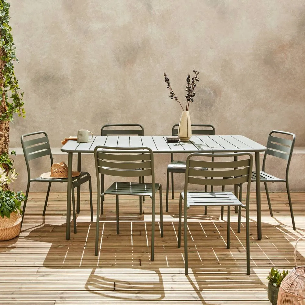 sweeek 6-8 seater rectangular steel garden table set with 6 chairs in Khaki 3