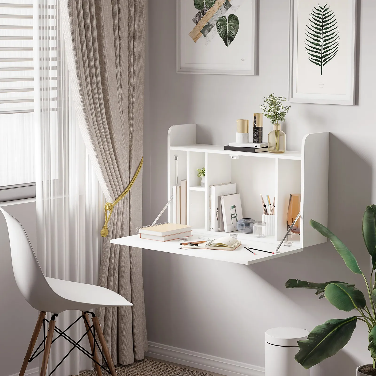 HOMCOM Wall Mounted Table Drop Leaf Floating Laptop Desk with Storage in White