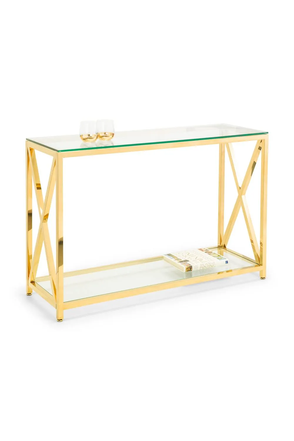 Julian Bowen Miami Glass Top Cross Frame Console Table with Shelf in Gold 2