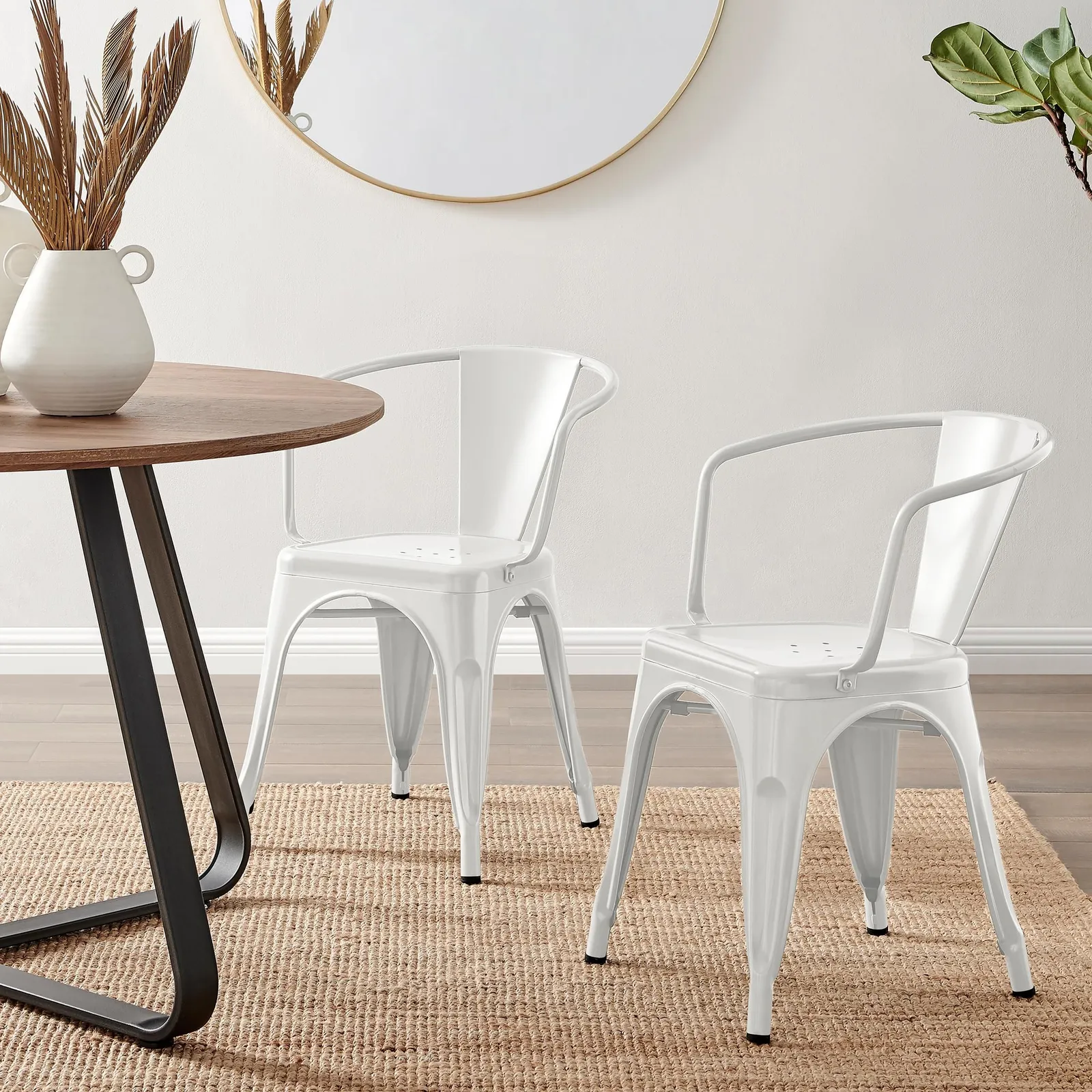 FurnitureboxUK Set of 2 Colton Industrial Steel Stackable Tolix Style Dining Chairs with Arms in White