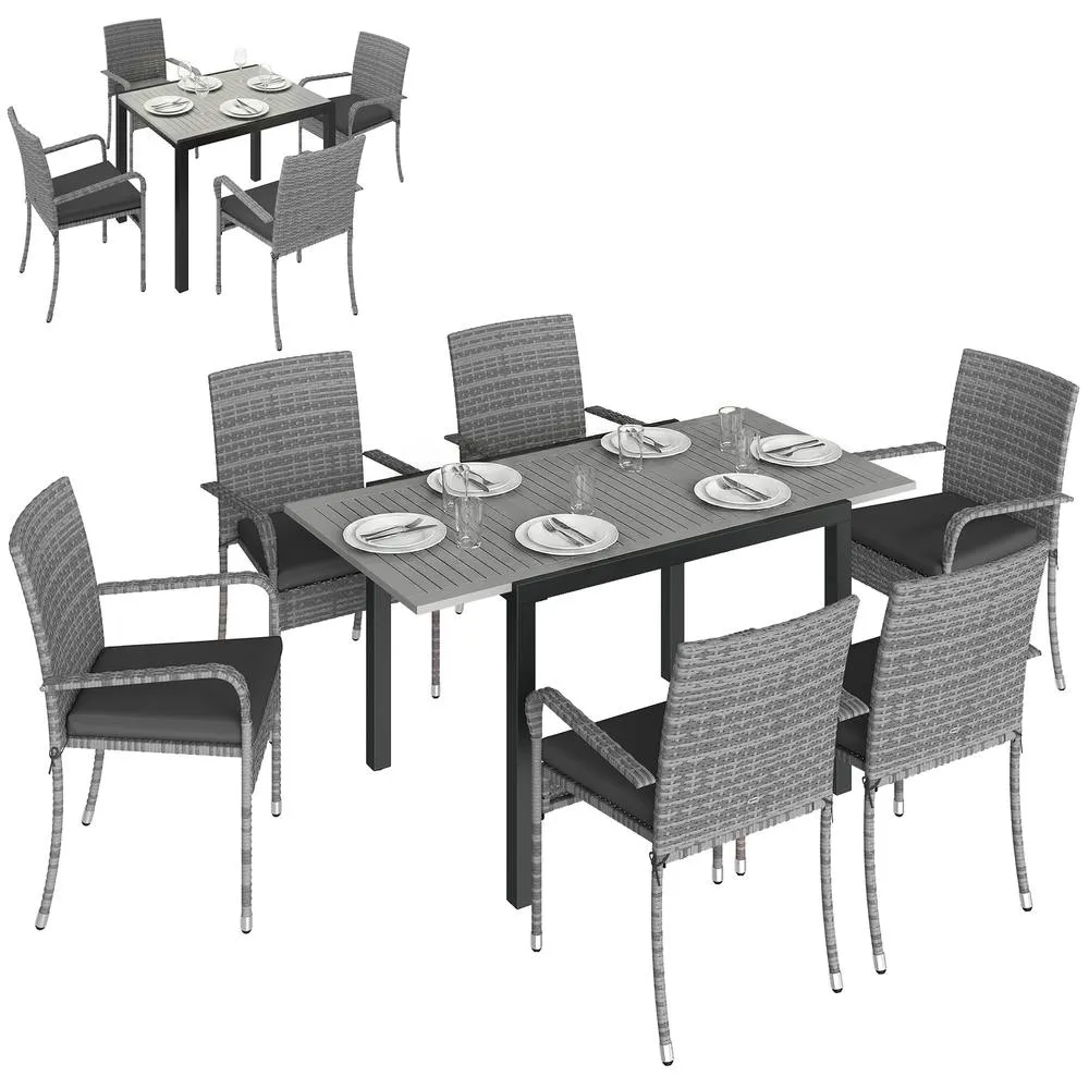 OUTSUNNY 6 Seater Rattan Garden Furniture Set with Stackable Chairs in Light Grey 2