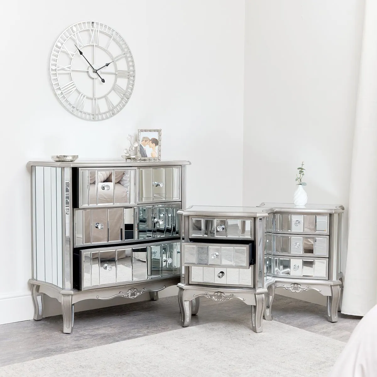 Melody Maison Silver Mirrored Chest Of Drawers & Pair Of 3 Drawer Bedside Tables - Tiffany Range 2