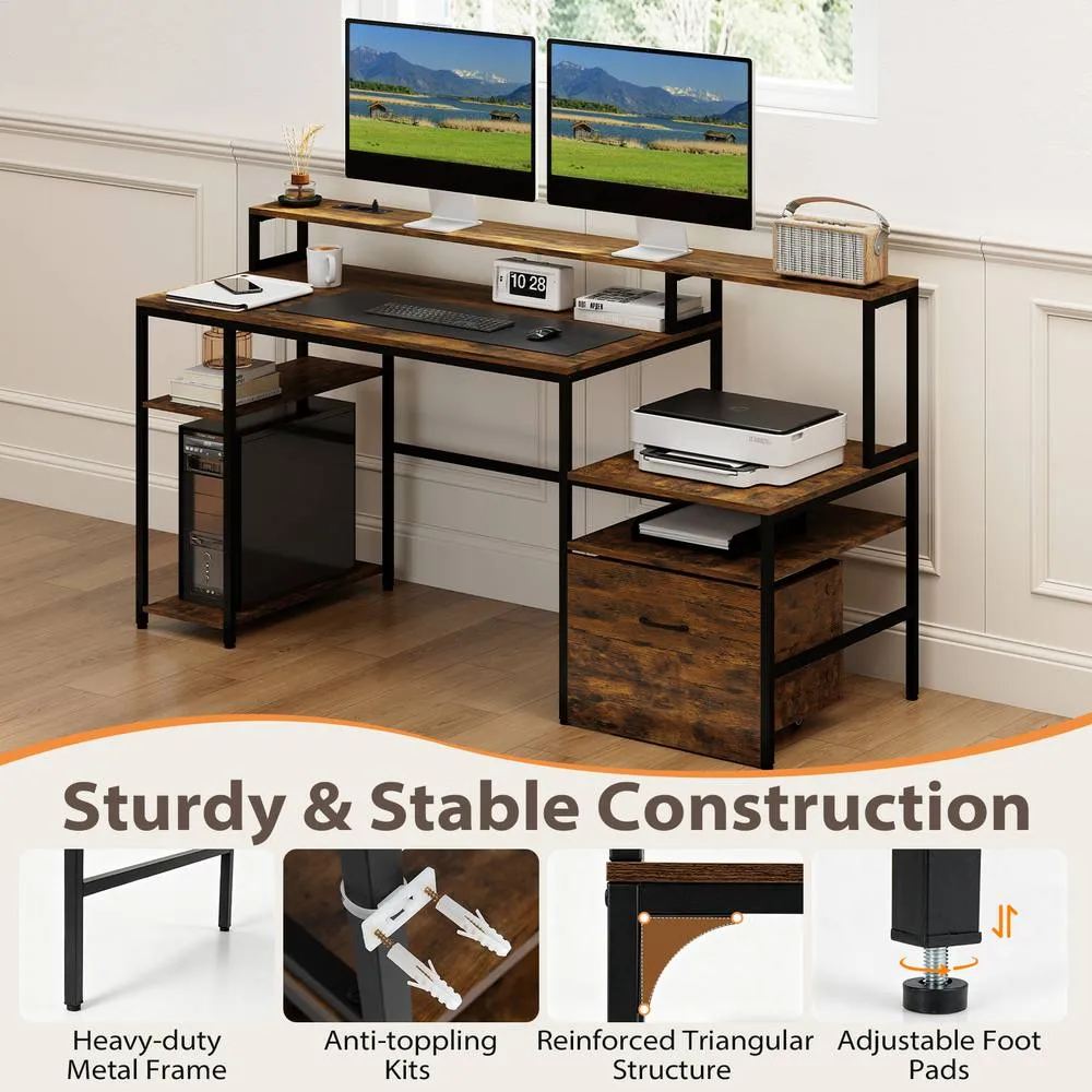 Costway Desk with Charging Station Multi-tiered Computer Workstation with Drawer in Brown 5