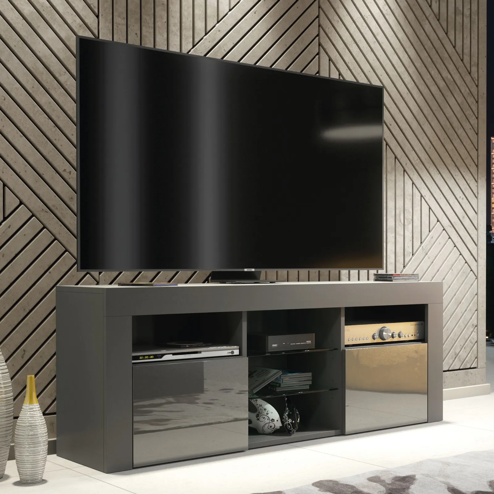 Creative Furniture TV Unit 145cm Modern - Dark Grey with High Gloss Doors 6