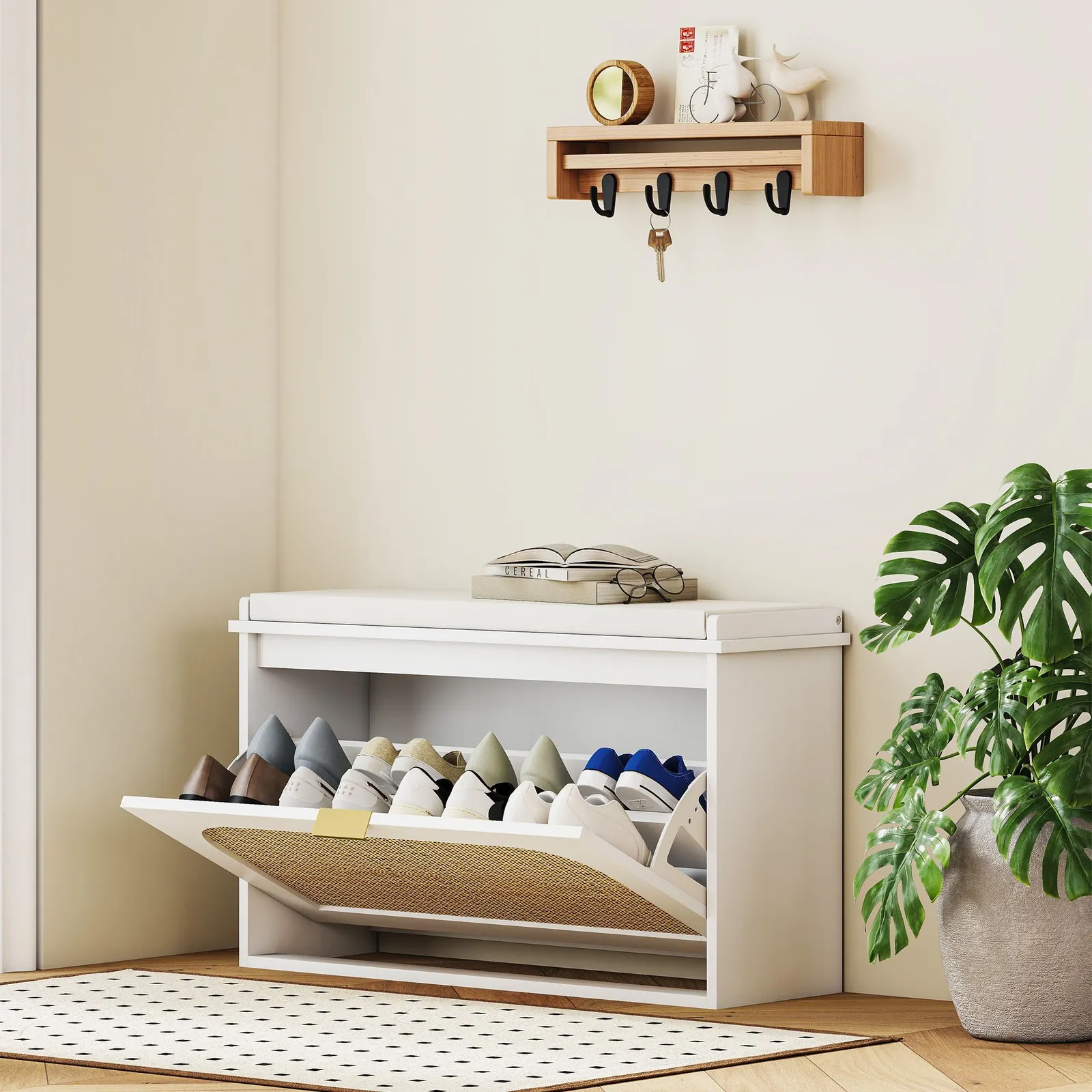 HOMCOM Boho Shoe Bench with Padded Seat & Flip-Drawer in White 1