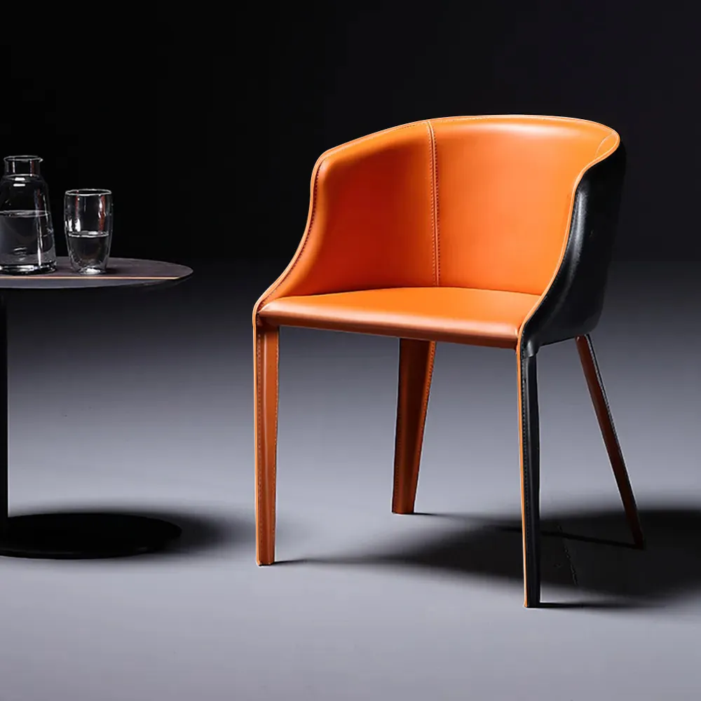 Modern Saddle Leather Dining Chair Upholstered with Metal Legs Black & Orange Dining Room Chairs