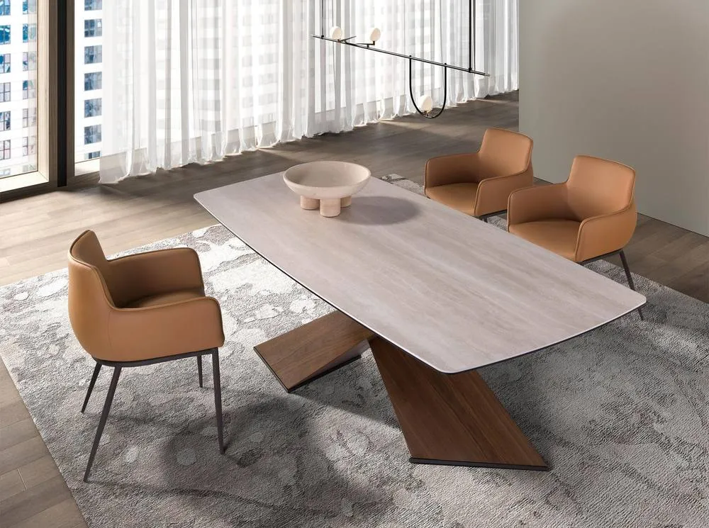 Angel Cerda Oval dining table with barrel-shaped porcelain marble & walnut top in Light Sand 3