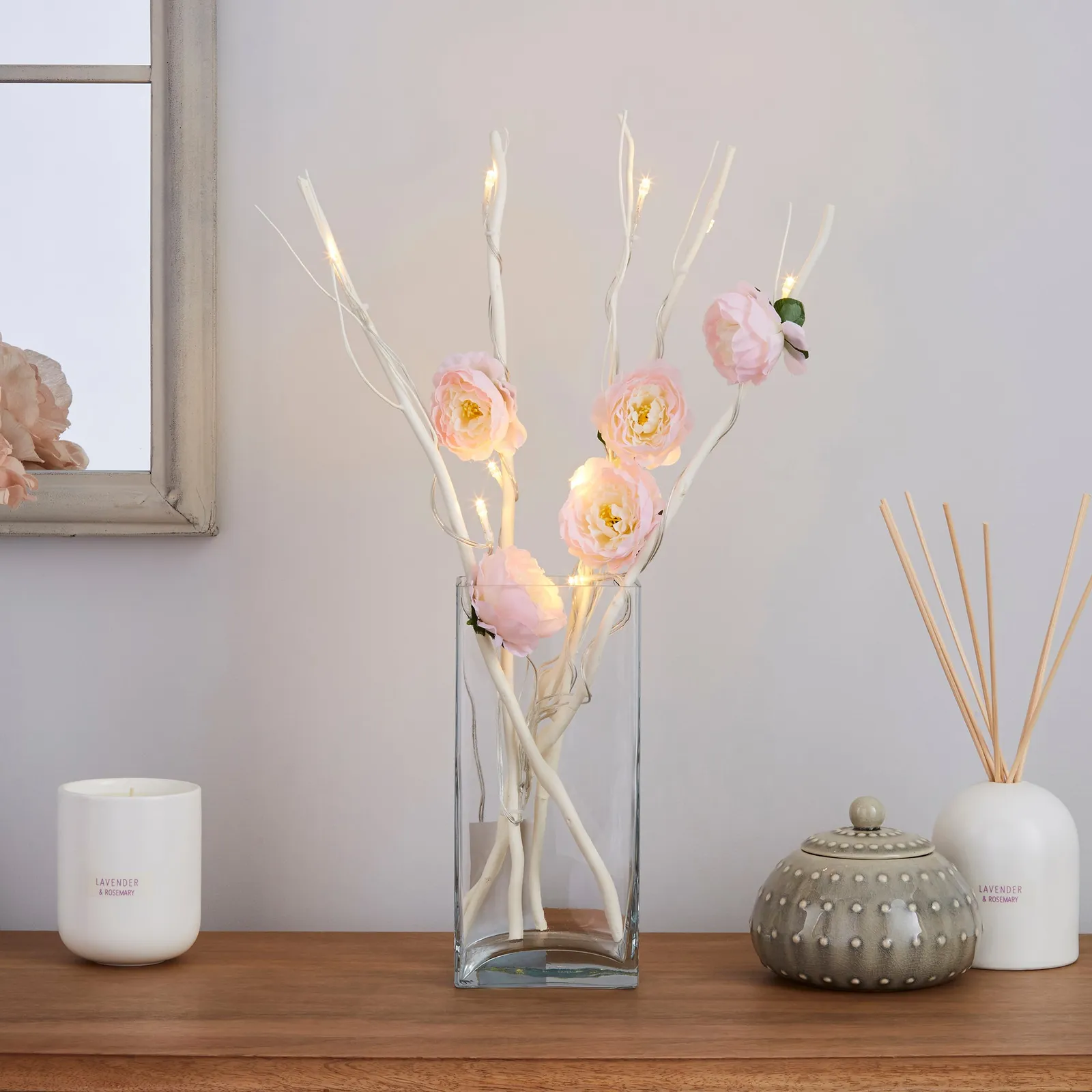 Pink Peony White Mini Twig Lights Pink
